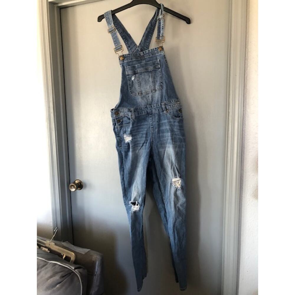 Blue Spice Blue Denim Bib Overalls Juniors Size 9 Skinny Legs Distressed